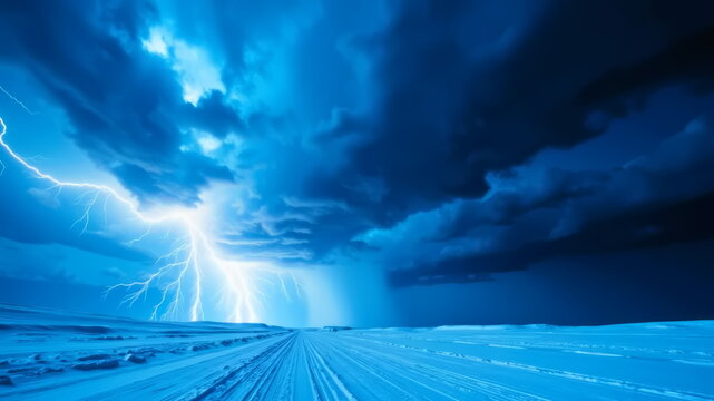 In winter, in a field with snow, thunderclouds with lightning.