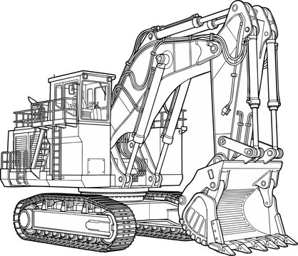 Detailed line drawing of a hydraulic mining shovel, Heavy duty excavator machine with tracks and bucket for digging construction work