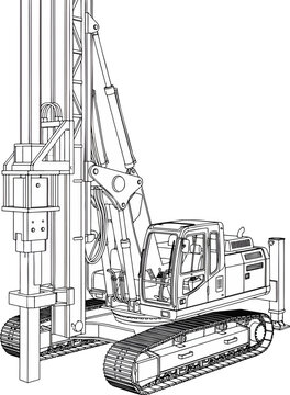 Detailed line drawing of a hydraulic pile driver, Heavy duty drilling rig machine with tracks and tall boom for excavation work