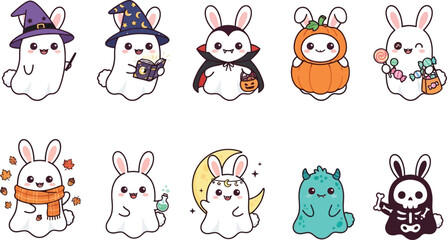 Obraz premium Cute Halloween Bunny Ghost Character Collection Illustration