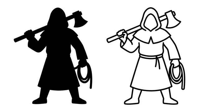 Executioner Icon: A stark representation of a hooded executioner, holding an axe and a whip, symbolizing authority and justice.