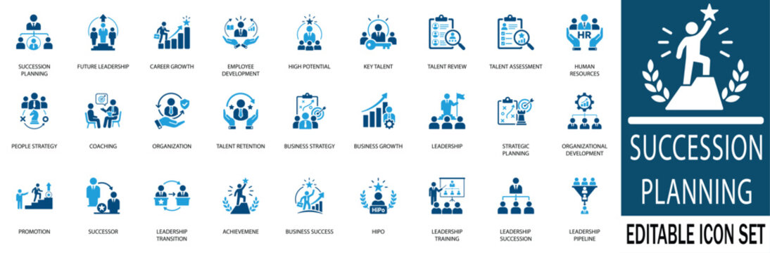 Succession planning and talent management icon set. Corporate business leadership, career growth, human resources, and organizational development vector elements.