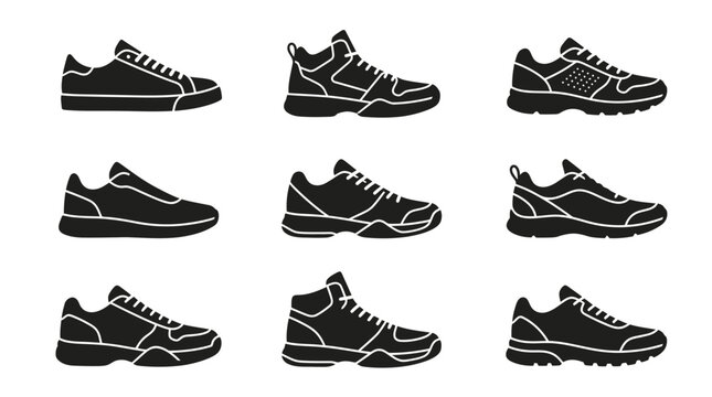 Collection of black athletic shoes side.