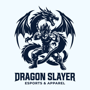Dragon slayer esports and apparel logo design featuring legendary powerful warrior standing inside dynamic circling mythical dragon silhouette monster
