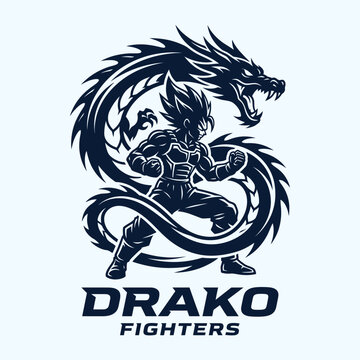 Drako fighters esports gaming logo template featuring fierce coiled dragon silhouette around dynamic martial arts fighter character line art vector
