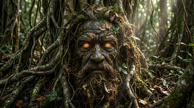 tree face, mystical forest, nature spirit, green mossy roots