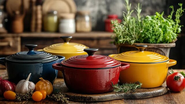 selective focus elegant small cocottes in vibrant ceramic hues for individual portions