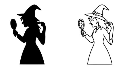 Witch with Mirror: Silhouette and outline illustration of a witch wearing a pointed hat, looking into a handheld mirror. © Sajid