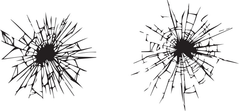 Broken glass from impact with black hole in the middle .Crack in ice or ground .Damaged windshield .Hand sketch on white background. broken 