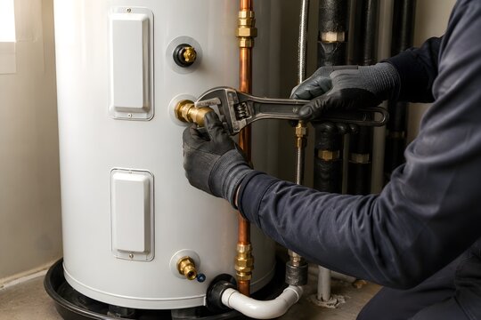 Professional Water Heater Repair Technician Using Adjustable Pipe Wrench During Electric Water Heater Installation Residential Plumbing Service Maintenance Repair Modern Home Utility Room