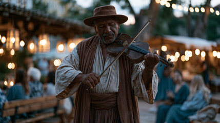 Fototapeta premium Roma musician playing a violin at a twilight outdoor market surrounded by evening lanterns and attentive listeners on wooden benches, cultural editorial for folk music