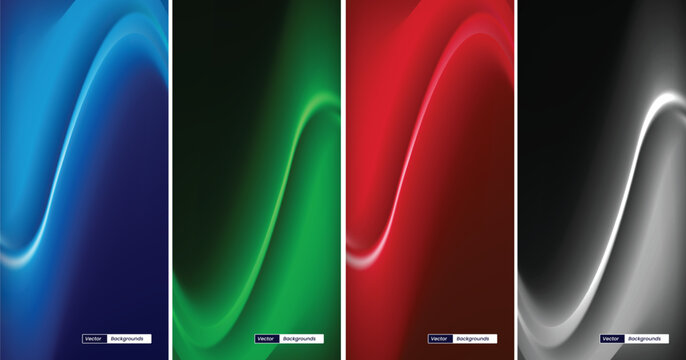Collection of four abstract vertical backgrounds featuring smooth, flowing liquid waves in deep blue, vibrant green, rich red, and elegant monochrome gradient tones.