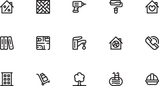 Home renovation and interior design outline vector icon collection featuring power drills paint rollers floor plans plumbing water taps and swimming pools