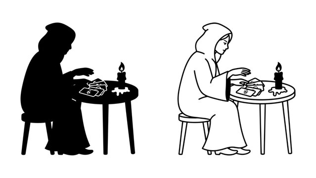 Monk at Table with Candle and Food: A hooded figure, either in silhouette or outline, sits at a small table with a lit candle and plates of food, creating a serene and contemplative scene.