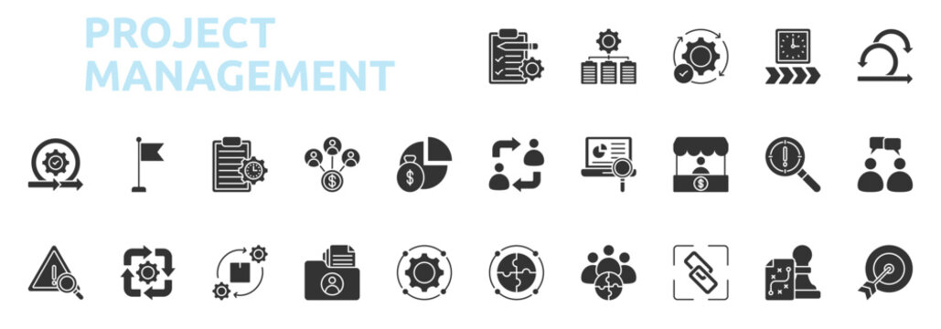 Project management icon set glyph style with execution, timeline, scrum, agile, milestone, planning, stakeholder, budget, risk icons