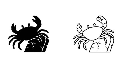 Crab on Rock Silhouette and Outline: A striking black silhouette and a detailed outline illustration of a crab perched on a textured rock, showcasing marine life in a stylized format. © Sajid