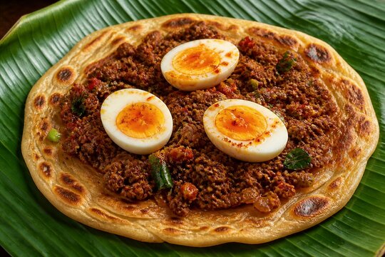 Flatbread topped with spiced meat and eggs on banana leaf