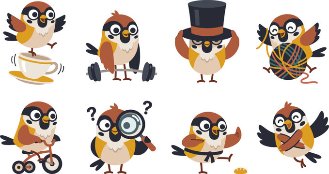 Cute sparrow vector lifestyle emoji set featuring funny cartoon bird characters lifting weights riding bicycle and doing karate isolated on white background