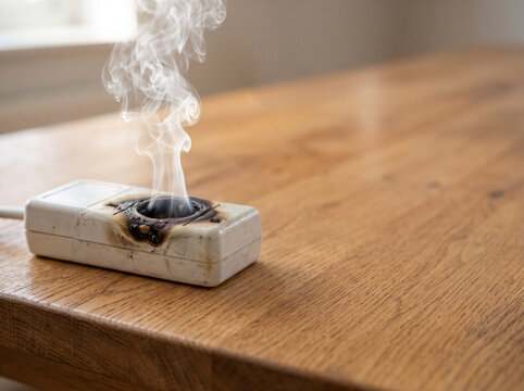 Electrical Fire Hazard with Smoking Burnt Outlet on Home Wooden Table