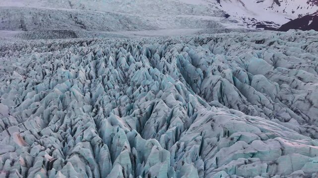 Jagged ice ridges and crevasses on Svinafellsjokull seen from above, Southeast Iceland