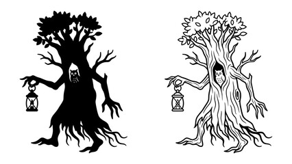 Haunted Tree Guardian: A gnarled and ancient tree, anthropomorphized into a menacing guardian, clutches a lantern as it stands vigil. © Harun