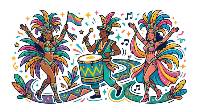 Vibrant illustration of a Brazilian carnival celebration with dancers and a drummer.