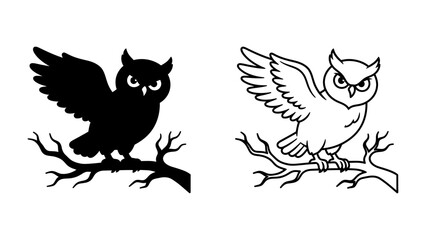 Two Owls on Branch, Silhouette and Outline: A striking image featuring two owls perched on a tree branch, presented in both a bold black silhouette and a clean white outline. © Kuddus