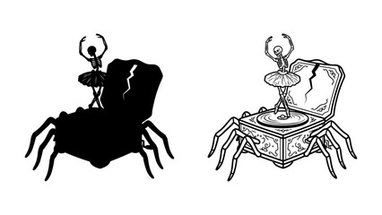 Spider Music Box Ballerina: A whimsical illustration features a spider-shaped music box with a delicate ballerina performing a pirouette atop. Presented in both silhouette and detailed line art. © Harun
