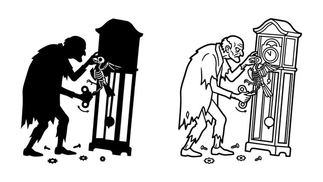 Creepy Clockmaker Silhouette: A sinister figure, depicted in both silhouette and line art, manipulates a grandfather clock. The image evokes a sense of mystery and the macabre.