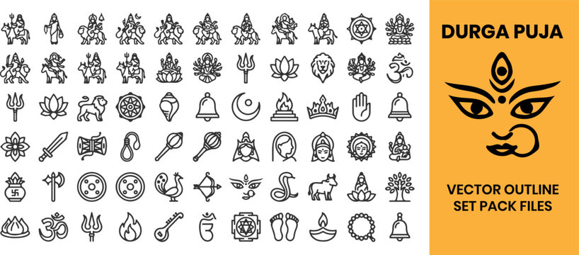 Set of Durga Puja religious festival icons and symbols in black line art vector illustration