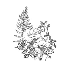 Fototapeta premium Botanical illustration static display, in no specific setting depicted, with flower, mushroom, leaves, berries, with paper texture, from a top-down perspective perspective, with black, white accents.