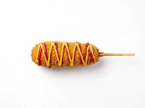Korean-style fried corndog with mustard and ketchup
