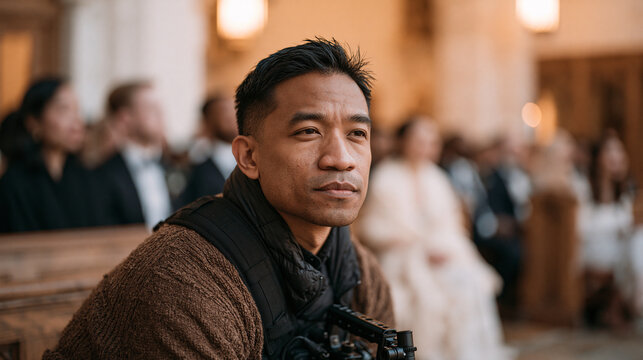 Filipino wedding videographer crouches at the end of the aisle with a compact rig capturing the processional, determined focus on his face, ceremony interior glowing warmly behind