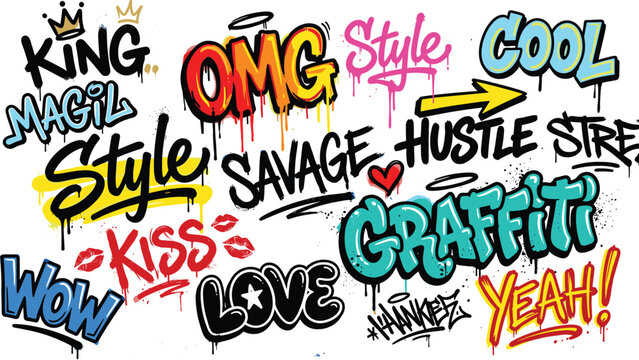 Vibrant Urban Graffiti Vector Typography Pack with Colorful Spray Paint Drips Splatters Hip Hop Slang Words and Street Art Sticker Elements