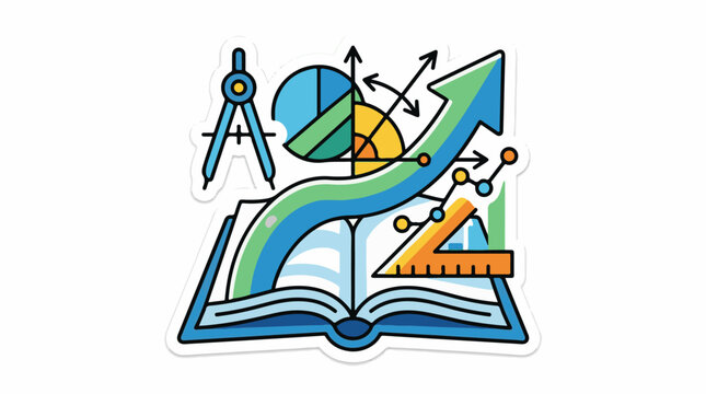Open book with educational and statistical graphics
