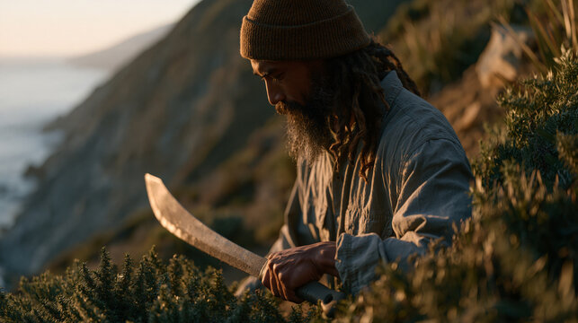 Pacific Islander wilderness trail maintenance volunteer clears invasive vegetation from a coastal hiking trail during golden hour, machete raised beside thick undergrowth as the