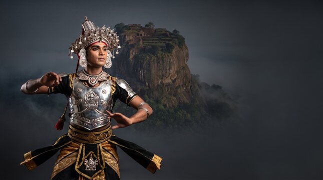 Traditional Sri Lankan Kandyan Dancer Mid Spin in Silver Costumes and Headdress