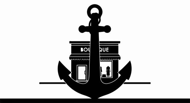 Nautical anchor silhouette in front of a charming boutique shop storefront.