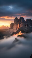 Naklejka premium Ethereal white mist and gray smoke swirl around the jagged peaks of a high mountain range under a moody sky at dawn in this scenic view, nature, alpine, valley
