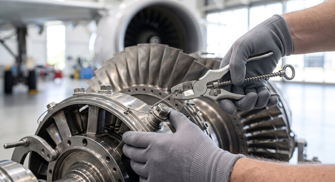 Aviation technician performing safety wire installation on jet turbine engine component in hangar shop.