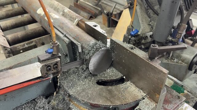 Saw with a shower of sparks precisely cuts through a massive steel beam. The intense process of metal processing transforms raw material into specified structural components for construction 