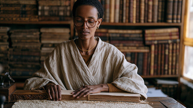Ethiopian bookbinder in an Addis Ababa studio wraps a hand-sewn text block in dampened goat leather, pressing the spine onto a carved wooden jig and tying it firmly with waxed