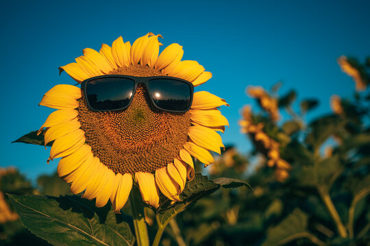 Cheerful sunflower with sunglasses in a cultivated field on a sunny day. Summer vacation, heatwave, happiness and outdoor lifestyle theme.