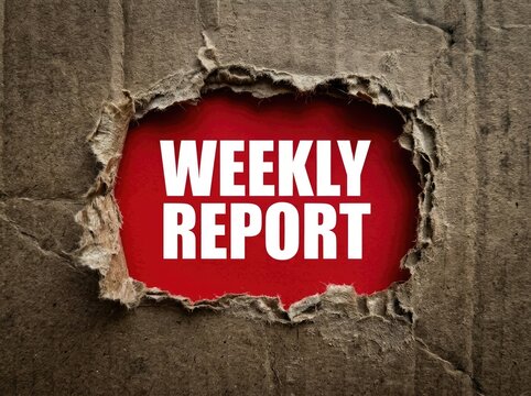 Torn cardboard reveals white 'WEEKLY REPORT' text on vibrant red background, symbolizing insight and focused information.