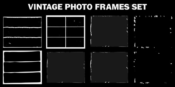 Vintage photo frames set with distressed edges on black background