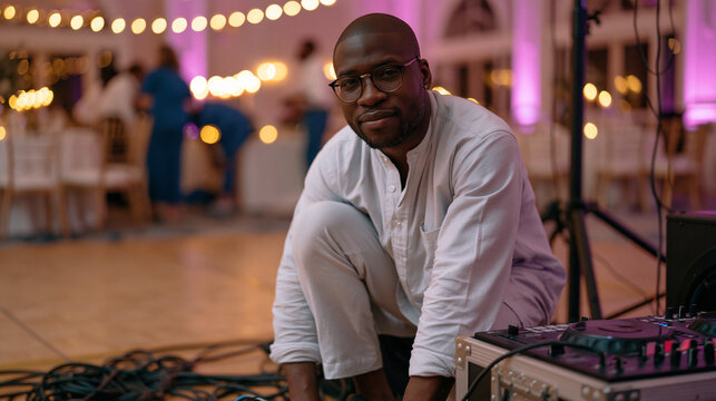 Nigerian wedding DJ crouches to adjust subwoofer cables beneath a professional setup during venue sound check, neon uplighting bouncing off a parquet dance floor while caterers