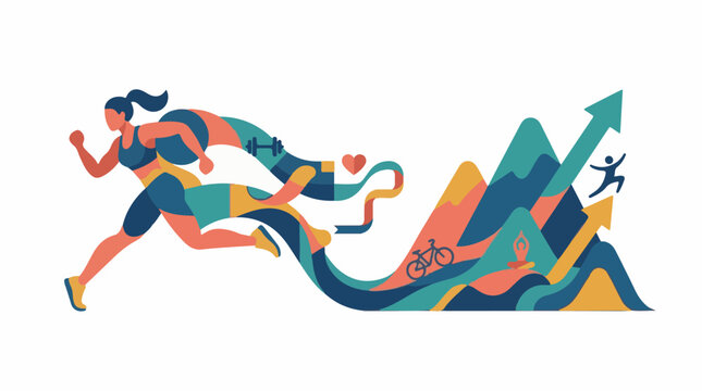 Energetic abstract graphic of a runner leading to upward trend of health  fitness icons