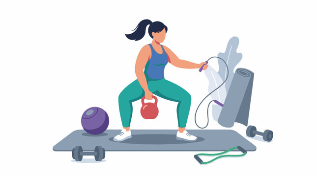Woman doing kettlebell squats with jump rope and exercise ball