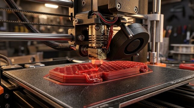 3D Printer Device Extrudes Red Plastic Object on Textured Bed Close-up
