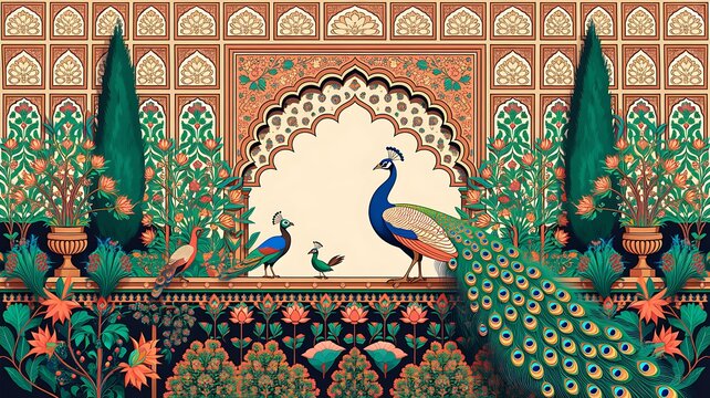 Illustration of a mughal garden with peacocks, parrots, plants, and trees, featuring a botanical landscape pattern. Ottoman Palace. Illustration